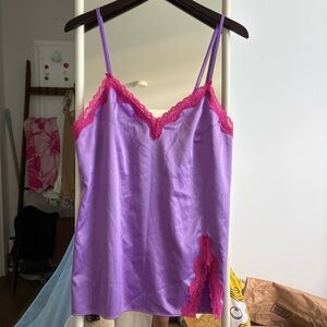 Victoria's Secret Lavender Satin Slip with Hot Pink Lace Trim